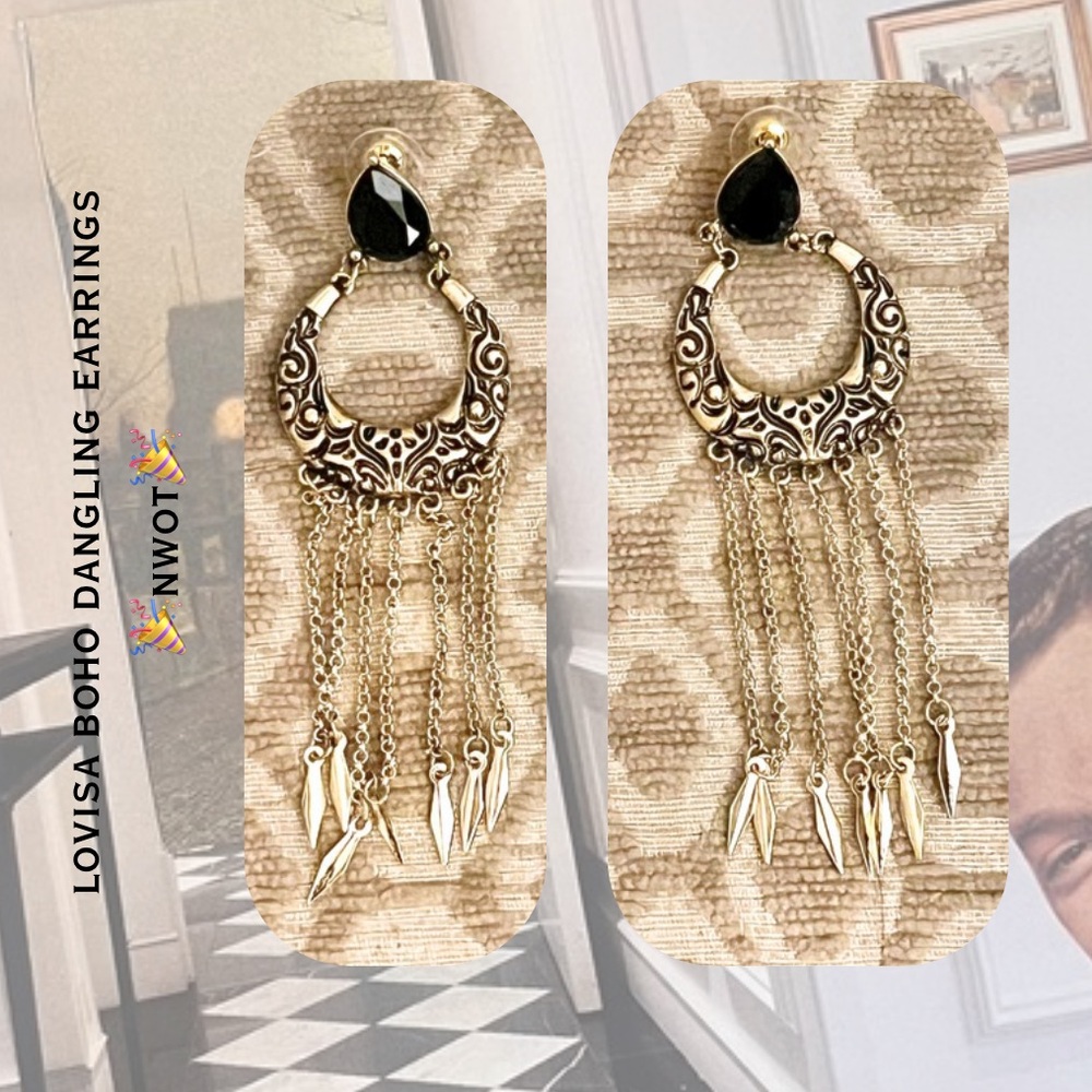 🎉🎉Lovisa Gold Boho Dangling Earrings with Black Stone & Fringe